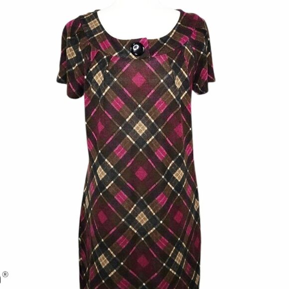 AGB Plaid Pink Brown Black Sheath Dress Crew Neck Short Sleeve Button Women’s 6 - Picture 6 of 13